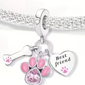 Silver Charm Bracelet with Pink Paw and Heart Charms